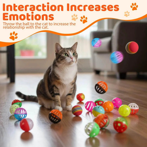 Cat surrounded by colorful plastic lattice balls with bells, part of 300 Pcs Cat Balls Bulk Plastic Lattice Balls Colorful Assorted Pack Kitten