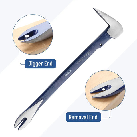 Cat's paw nail puller showing digger and removal ends, two durable cat's paw nail pullers deliver strong leverage for removing nails, tacks, and staples from wood, flooring, and furniture; includes 8 inch and 12 inch bars with comfortable red grips for smooth, efficient demolition and woodworking tasks.