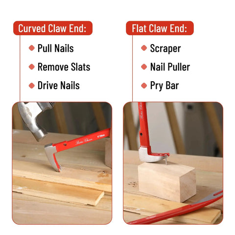 Image showing Cat's Paw Nail Puller Set Three Piece Pry Bar Kit with red grips illustrating curved and flat claw ends in use.