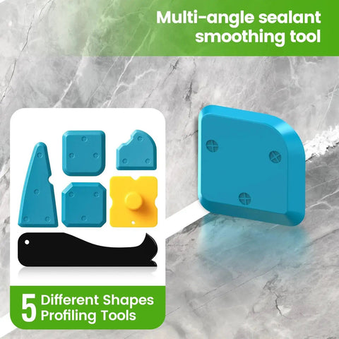 Caulking Tool 5 In 1 Silicone Caulking Grout Removal Sealant Finishing Tool with Grout Scraper and 6 Silicone Pads, display of profiling tools