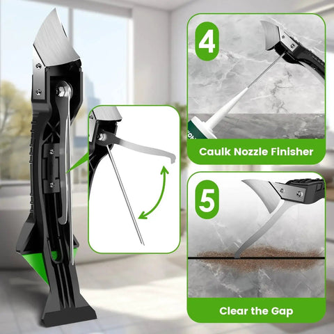 Caulking Tool 5 In 1 Silicone Caulking Grout Removal Sealant Finishing Tool With Grout Scraper showing different uses.