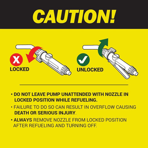 Caution sign showing locked and unlocked nozzle positions for TERA PUMP Electric Transfer Drum Pump with safety instructions.