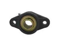 Front view of Single 20mm flanged housing UCNFL204MZ2B, 2-bolt wide zinc set screw, black plastic mounting for linear slide units.