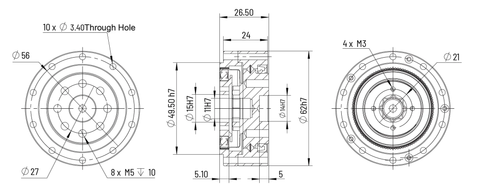 CD-17 Φ62mm Harmonic Drive Gear Ratio 50:1 - Strain Wave Gear Reducer technical drawing with dimensions