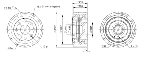 CD-20 Φ70mm Harmonic Drive Gear Ratio 30:1 - Strain Wave Gear Reducer technical drawing with dimensions.