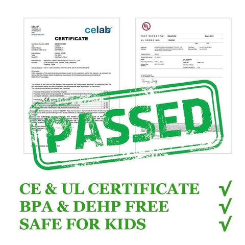 Image showing certificates for Soft Pit Balls, labeled CE & UL, confirming BPA & DEHP free, safe for toddlers