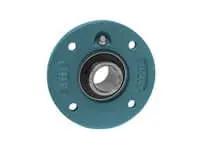 Front view of Single 20mm Piloted Flange Ball Bearing with Wide Set Screw Mount for Shaft Support, Radial Sealed Ball Bearing for Linear Slide Unit.