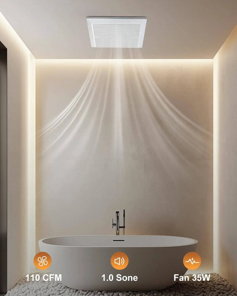 Powerful 110 CFM Bathroom Exhaust Fan With No Attic Access Needed, Easy Install, Ultra Quiet 1.0 Sone, ceiling mounted in bathroom