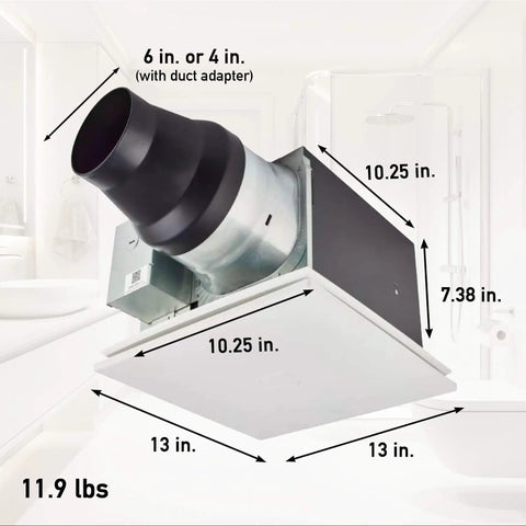 Whisper Quiet Dual Speed Ceiling Exhaust Fan With Designer Grille, Customizable 30 To 110 CFM, Energy Efficient Bath And Laundry Vent, Timed Or Sensor Activated Ventilation, FV-0511VKS3S shown with measurements in bathroom