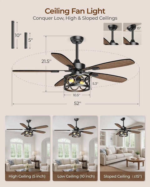 52 Inch Vintage Cage Ceiling Fan with Light and Remote, 5 Blades, flush mount, farmhouse style for various ceiling heights.