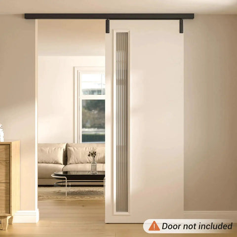80 Inch Box Rail Sliding Barn Door Hardware Kit With Ceiling Mount For Exterior And Interior Use Heavy Duty Black Aluminum Track System For Single Doors Up To 35.4 Inch Opening And 39.4 Inch Panel Width No Door Included installed in room