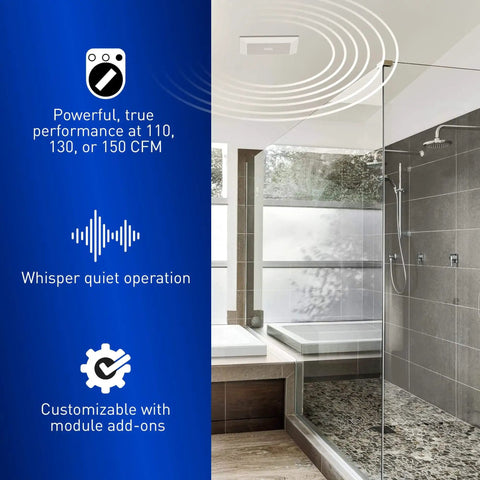 On-Demand Pick-A-Flow Ceiling Mount Exhaust Fan With 110 130 150 CFM, Customizable Airflow Selector For Bathrooms, Laundry Rooms, Sun Rooms, Basements Or Garages, Supports Up To 3 Add-On Modules, FV-1115VK3 Panasonic installed in modern bathroom ceiling