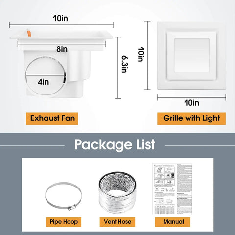 Package contents of Super Quiet Ceiling Mount Bath Exhaust Fan With Light 110 CFM 1 Sones 4 Inch Duct Shower Vent And LED Light