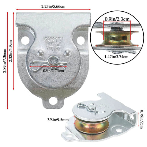 Ceiling Mount Single Pulley 1-1/2 Inch Wall Mount Pulley Ceiling Pulley for 3/8" Wire or Rope, Pack of 6, shown with dimensions and zinc-plated iron