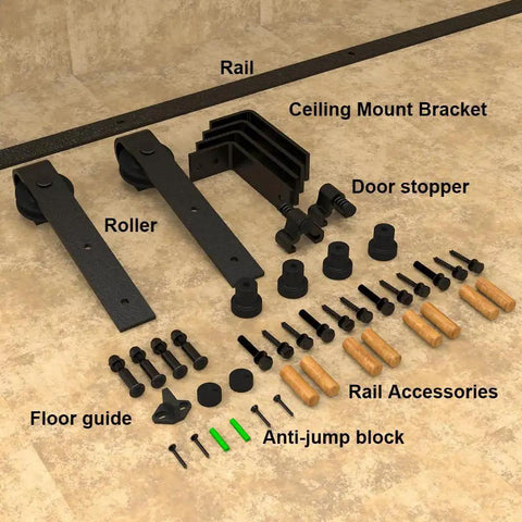 Five Foot Ceiling Mounted Sliding Barn Door Hardware Kit For Wooden Doors, 60 Inch Rail, components layout including brackets.