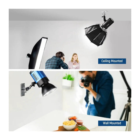 Wall and ceiling mount bracket with five eighth inch stud and 360 degree swivel ball head, showing ceiling and wall mounts in use.