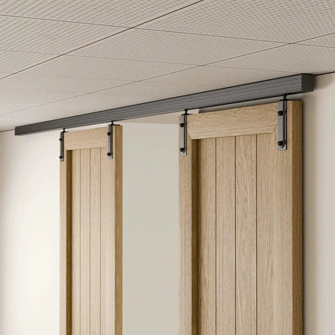10 Feet Ceiling Mount Box Rail Barn Door Hardware Kit In Heavy Duty Steel With Black Powder Coated Track And Nylon Hangers installed