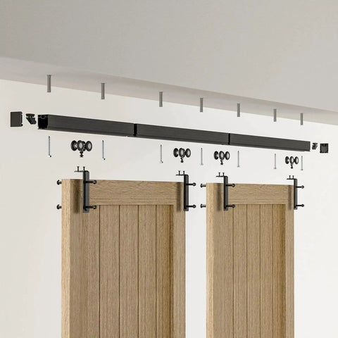 10 Feet Ceiling Mount Box Rail Barn Door Hardware Kit In Heavy Duty Steel With Black Powder Coated Track And Nylon Hangers.