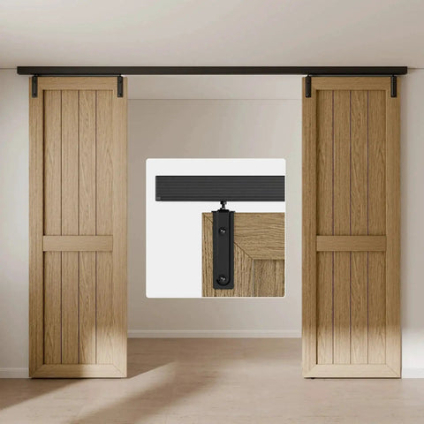 10 Feet Ceiling Mount Box Rail Barn Door Hardware Kit in Heavy Duty Steel with Black Powder Coated Track and Nylon Hangers