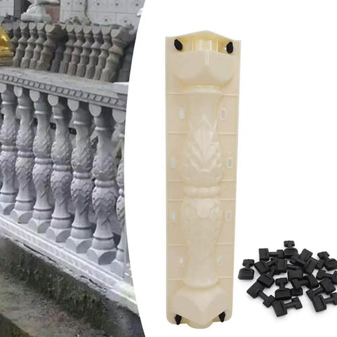 DIY Cement Railing Mold For Balustrades And Fence Rails Front And Rear Column Concrete Mold shown with completed railing sample