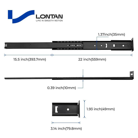 Dimensions of Center Mount Drawer Slides 22 Inch Black 5 Pieces Three Quarter Extension Heavy Duty Glides for Cabinets