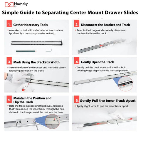 Guide to separating Homdiy 5 Pack 14 Inch Heavy Duty Center Mount Drawer Slides for Cabinet and Dresser Bottom Mount Drawer Rails