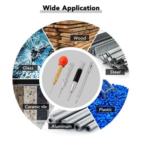 Four Pack 5 Inch and 6 Inch Automatic Center Punch Set With Adjustable Spring Loaded Punches for multiple materials including wood, steel, and glass.