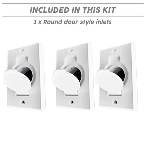 Three white low voltage inlets from the Complete Central Vacuum Fittings Kit With 3 Low Voltage Inlets Excluding Pipes For Universal 2 Inch PVC