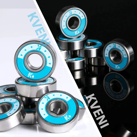 Ceramic 608RS Skateboard Bearings With Chrome Steel Balls ABEC Precision High Speed Low Friction Pro Longboard And Quad Skate Bearings For Inline Skates Scooters And Spinners 8 Pack Blue displayed on reflective surface.