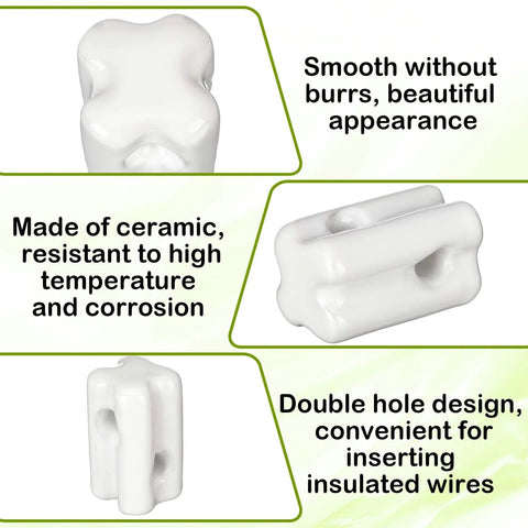 White porcelain bullnose fence insulators, double-hole design for insulated wires on wood posts, 10-pack