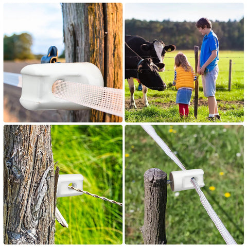 Ceramic fence insulator for wooden posts, white porcelain, lag-screw design with wire

Ceramic electric fence insulator mounted on wooden post in farm field near cattle

Close-up of white ceramic lag-screw fence insulator on a wooden post with wire threaded through

White ceramic fence insulator on a wire between wooden posts in a grassy pasture