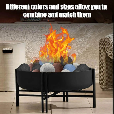 Modern fire pit with 3 Inch Ceramic Fire Balls 15-Pack Round Fire Stones, burning indoors, showcasing grey ceramic fire stones.