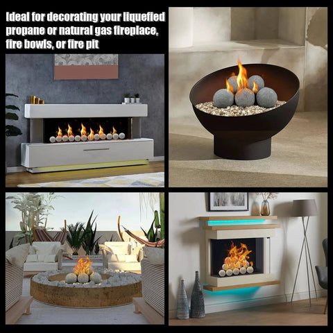 3 Inch Ceramic Fire Balls 15-Pack Round Fire Stones in grey, shown in various fire pits and fireplaces, ideal for indoor and outdoor use.