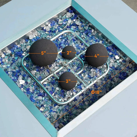 12 Pack Ceramic Balls, Mixed of 4 Size Fireplace Balls, black ceramic balls arranged on glass pebbles in fire pit