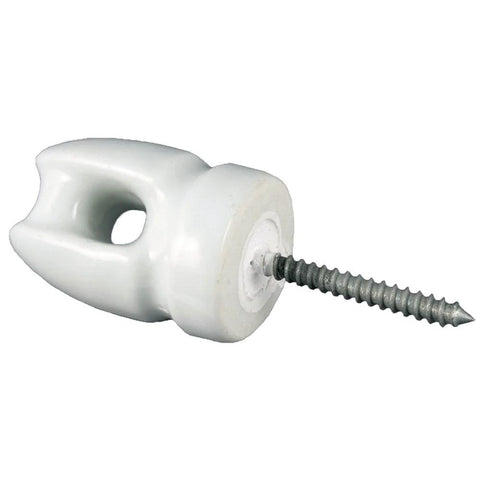 Large ceramic lag screw insulator for wood posts, white ceramic, for electric fencing.