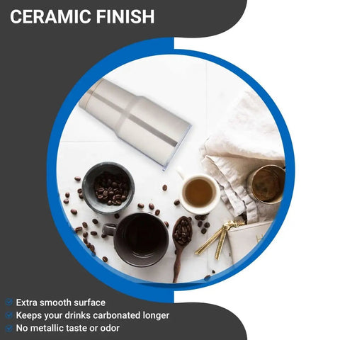 Ceramic Interior 30oz Wine Tumbler With Lid Double Wall Vacuum Insulated shown with coffee and accessories
