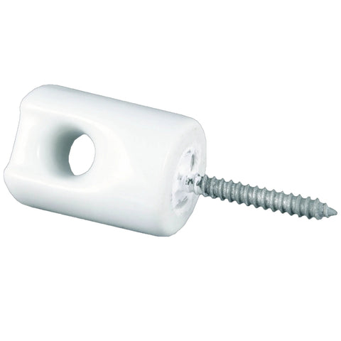 Zareba WP1933 ceramic lag screw insulator, small white body with threaded screw for electric fencing.