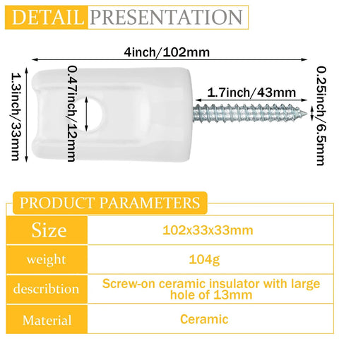 Front view of white ceramic screw-on fence insulator for wooden posts; 102x33x33 mm, 13 mm hole