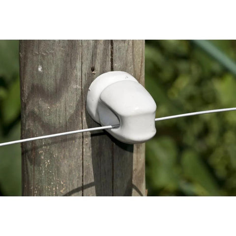 Zareba large ceramic lag screw insulator on wood fence post with metal wire