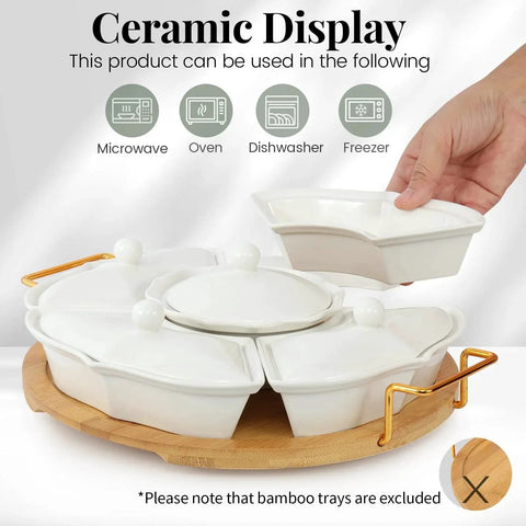 Ceramic Lazy Susan Party Serving Tray With Divided Sections For Appetizers Fruits Veggies And Dip Rotating Serving Tray Set