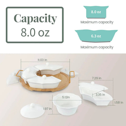 Diagram of Ceramic Lazy Susan Party Serving Tray With Divided Sections showing dimensions and bowl capacity.