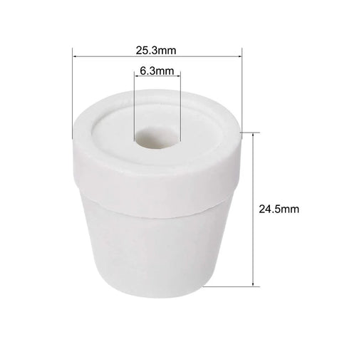 Ceramic tapered insulator bead with 6.3 mm bore for heating wire; white alumina porcelain, 25.3 mm outer, 24.5 mm tall