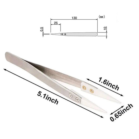 Ceramic Tip Tweezers For Precision Electrical Work With Non Conductive Ceramic Tips, Stainless Steel Build, Heat Resistant shown with measurements.
