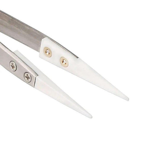 Ceramic Tip Tweezers For Precision Electrical Work With Non Conductive Ceramic Tips, Stainless Steel Build, close-up of tweezers tips