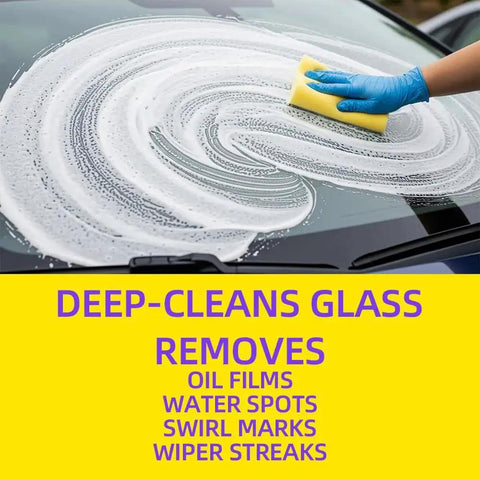 Person cleaning automotive windshield with a sponge using high-purity cerium oxide glass polishing powder, 99% purity with 7-9µm particles.