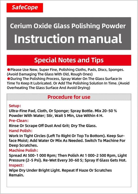 Instruction manual for high-purity cerium oxide glass polishing powder, detailing procedure for use and special notes.