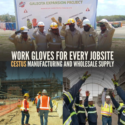 Workers wearing protective gloves at construction sites, promoting Cestus gloves for various jobsite needs.