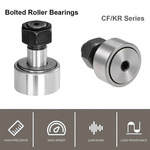 Beefed Up Heavy Duty Cam Follower Track Roller Bearings CF12 KR30 4 Piece Set shown, highlighting bolted design.