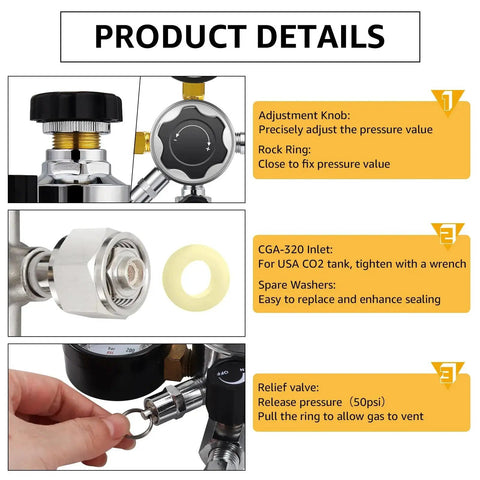 Product details of CGA-320 Keg Regulator with Quick Disconnect for Home Kegerators showing adjustment knob, inlet, and relief valve