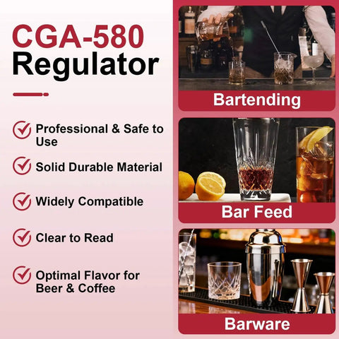 CGA-580 Regulator key features for beer and coffee, showing bartending, bar feed, and barware applications with drinks and glasses.